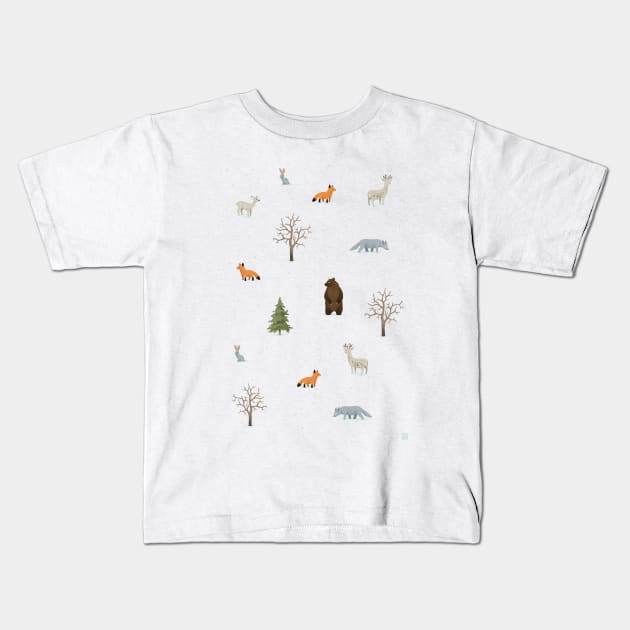 Winter Forest Animals Kids T-Shirt by Freeminds